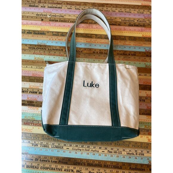 L.L. Bean Boat Tote Green Canvas Bag M Long Handles Zip Top USA “Luke” Monogram - Picture 1 of 16